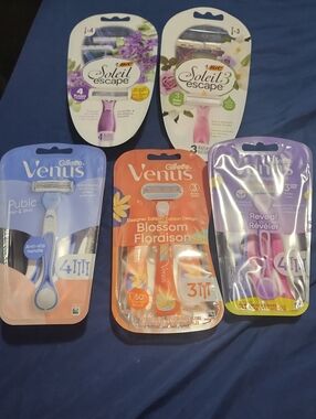 5 Gillette Venus & BIC Soleil Escape Razor Bundle - Pink, Purple, Orange